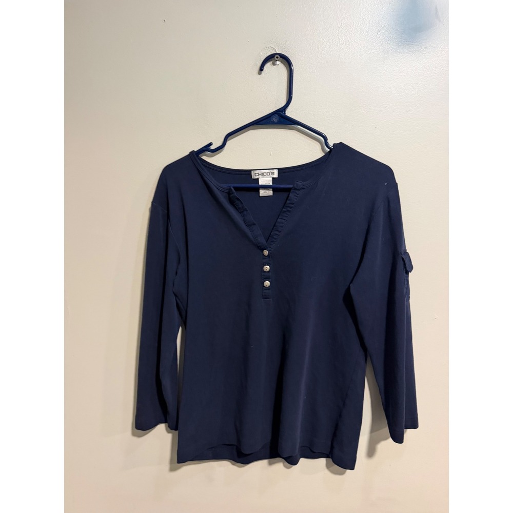 Chicos Navy Blue Henley Long Sleeve Top Cotton Spandex Size 1 Medium